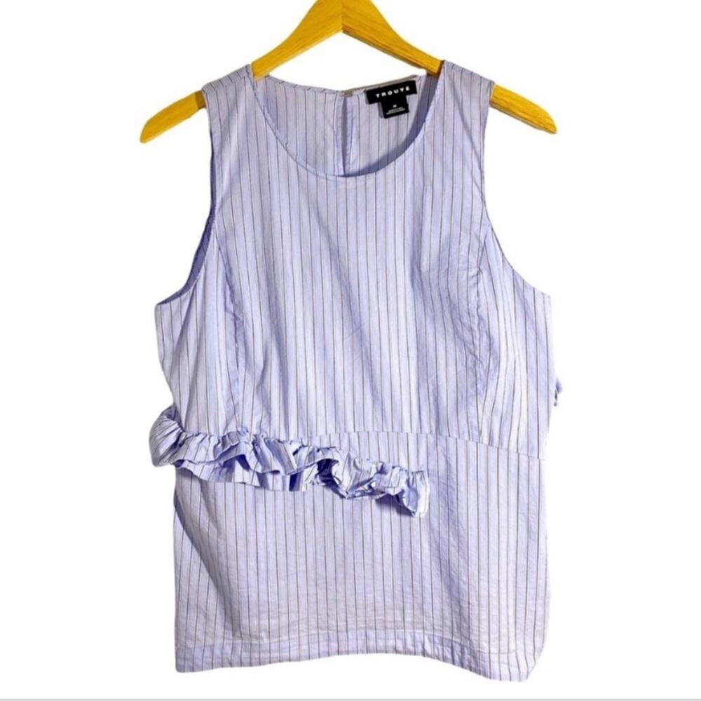 Trouve Blue & White Stripe Sleeveless Frill Ruffle Top, Size Medium - Picture 2 of 14